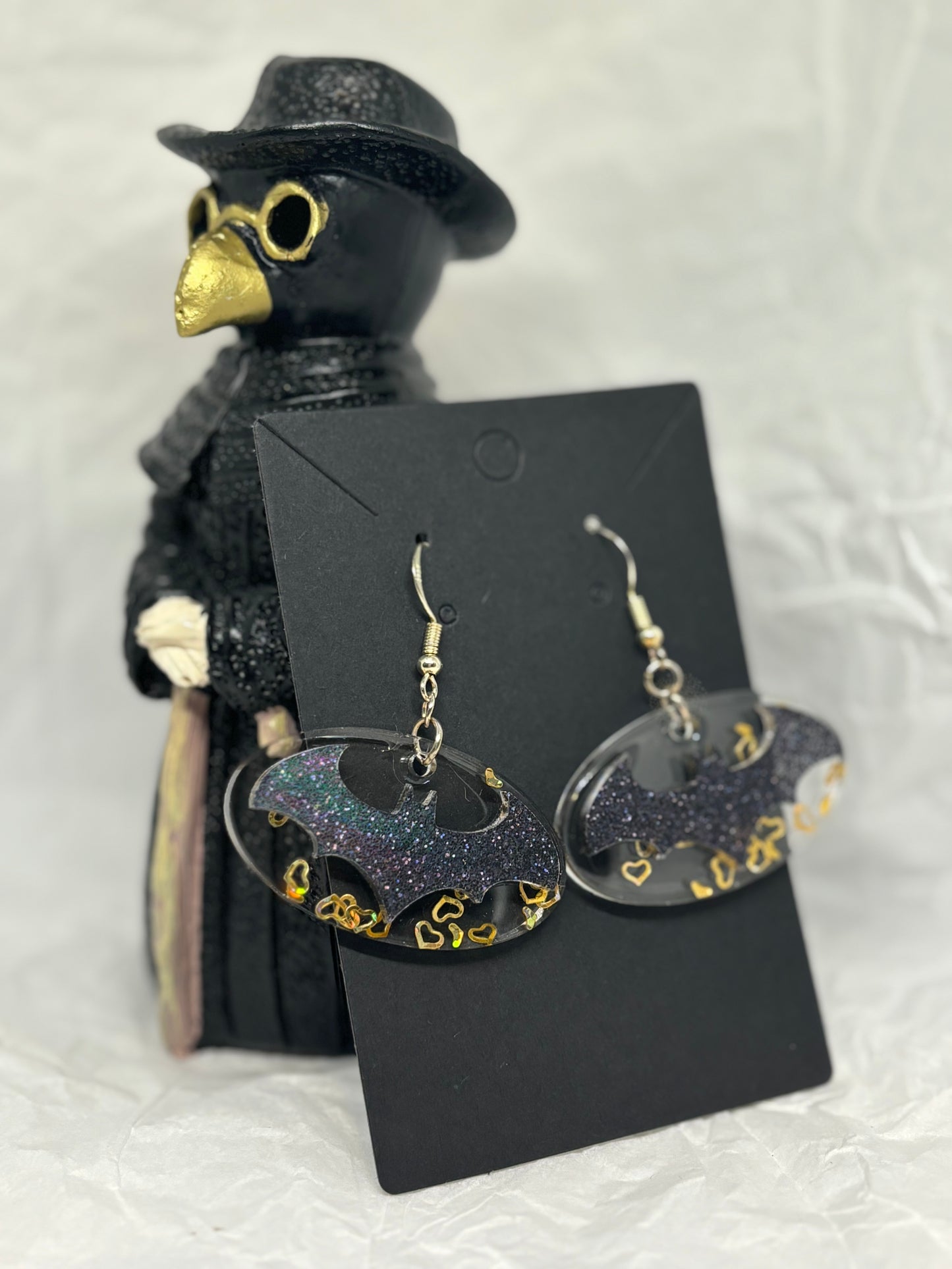 Bat Resin Earrings (Black on Gold Hearts)