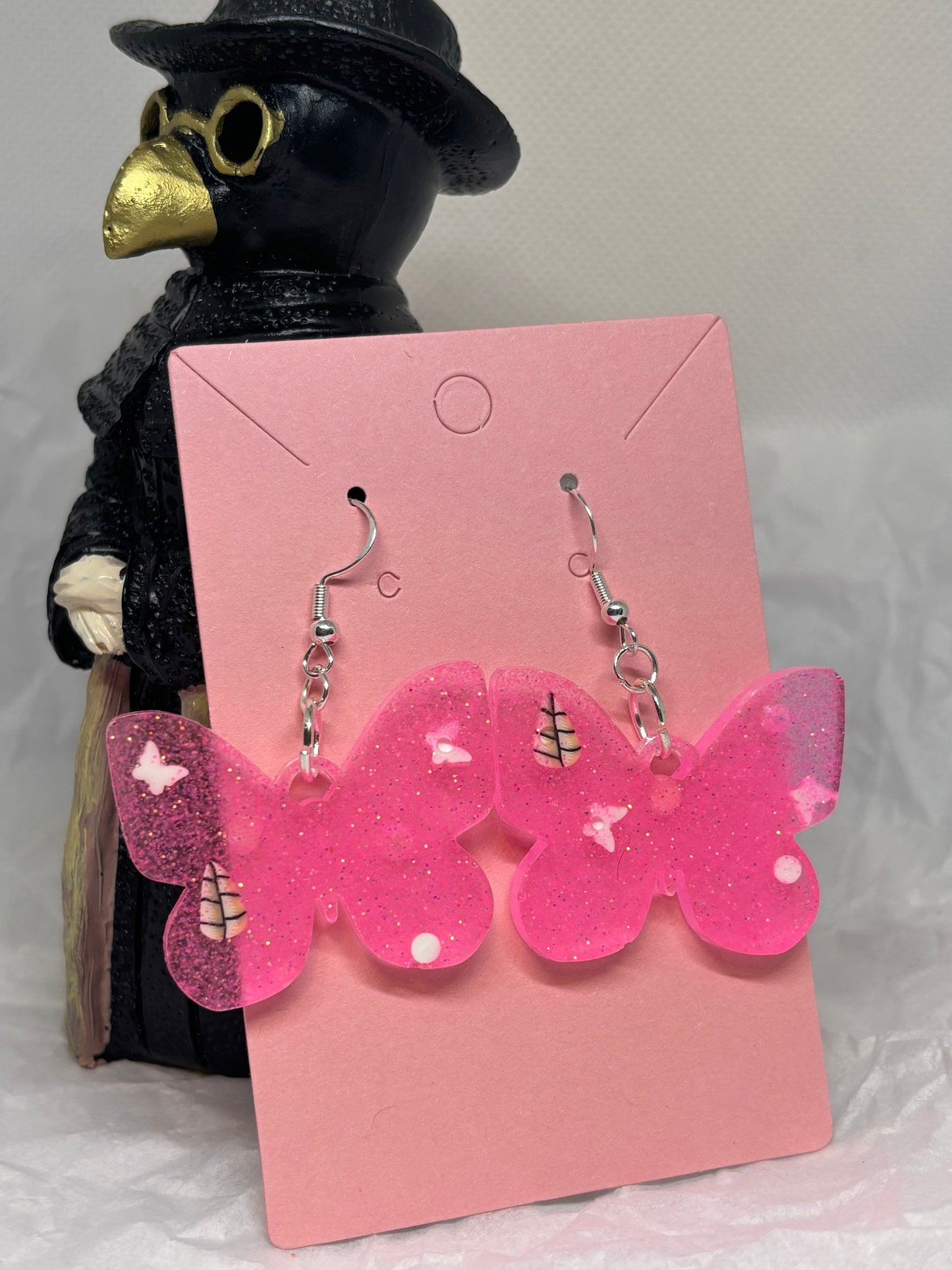 Butterfly Earrings (Pink Glitter w/Bits)