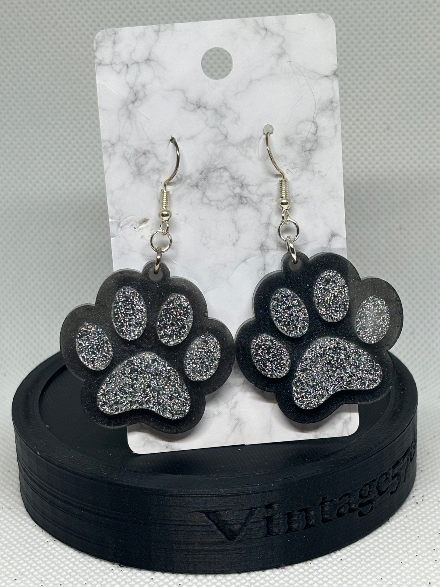 Paw Print Earrings (Black & Silver)