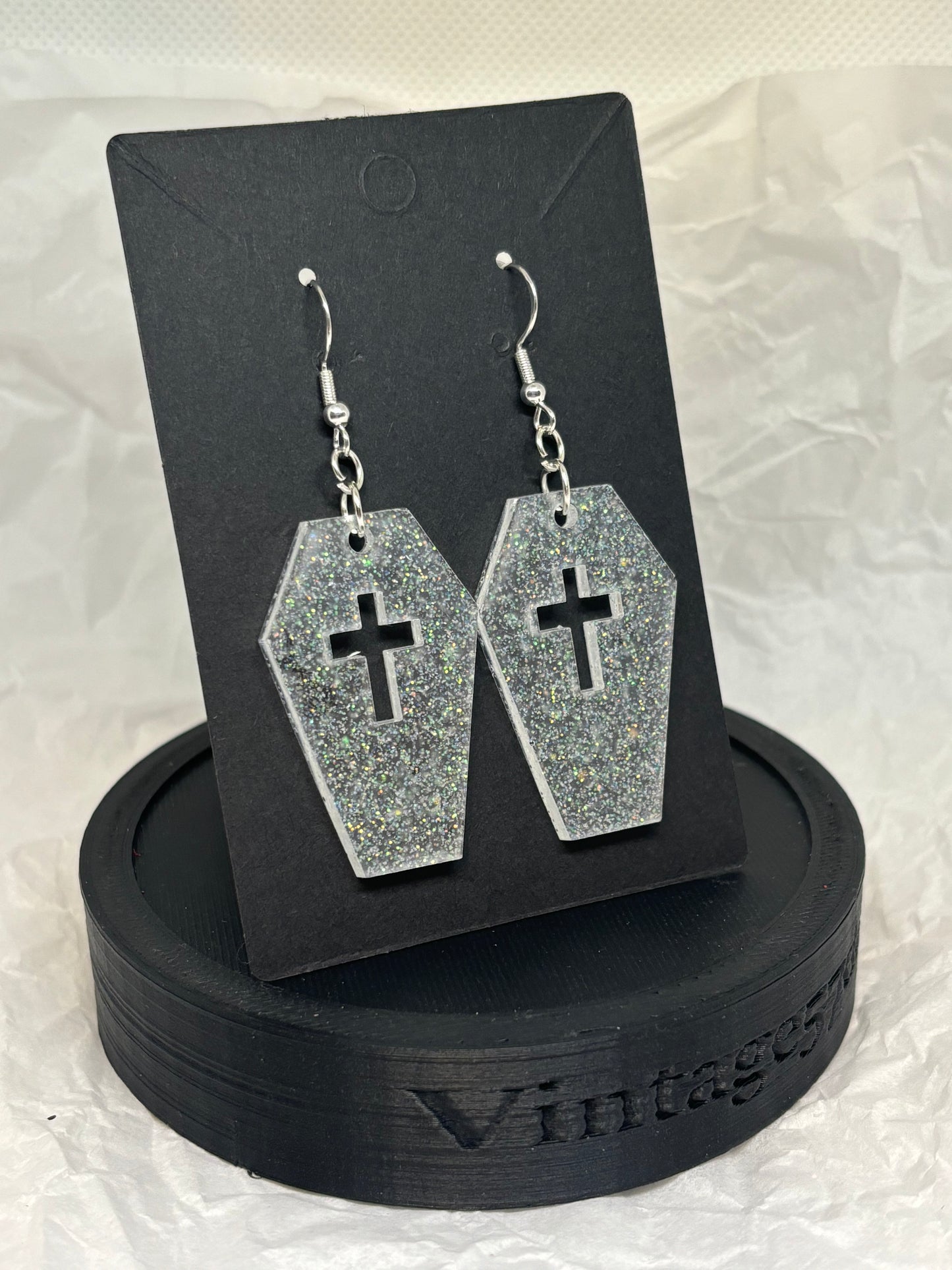 Coffin Earrings (White Glitter)