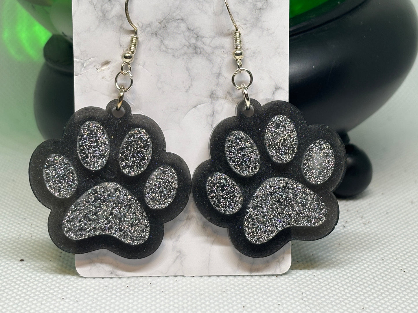 Paw Print Earrings (Black & Silver)