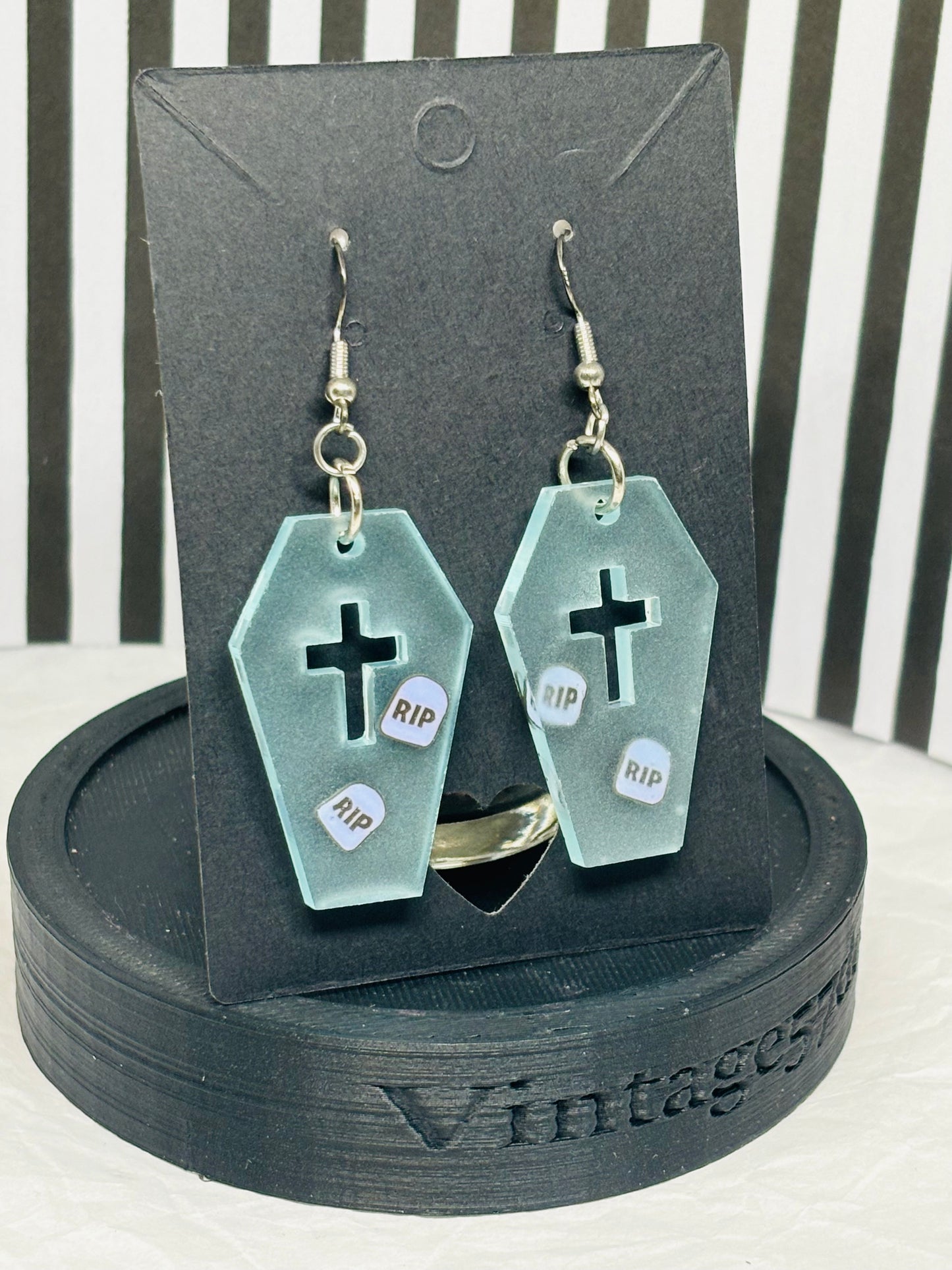 Coffin Earrings w/RIP bits - Glow in the Dark (Blue)