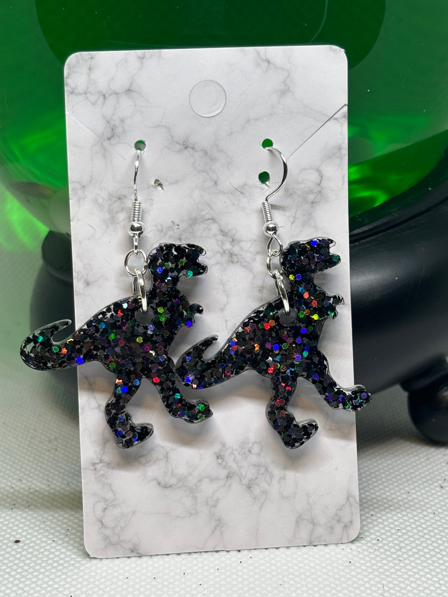 T-Rex Earrings (Black Glitter)