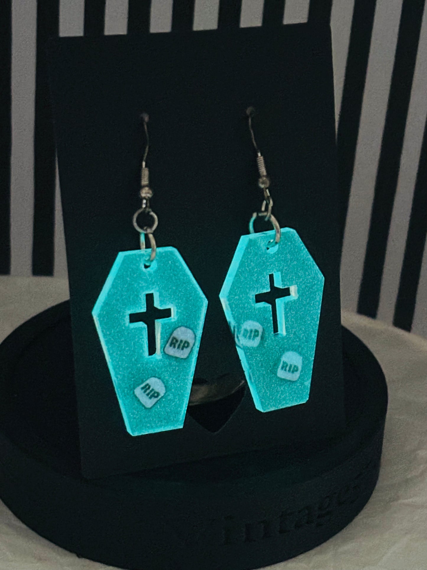 Coffin Earrings w/RIP bits - Glow in the Dark (Blue)