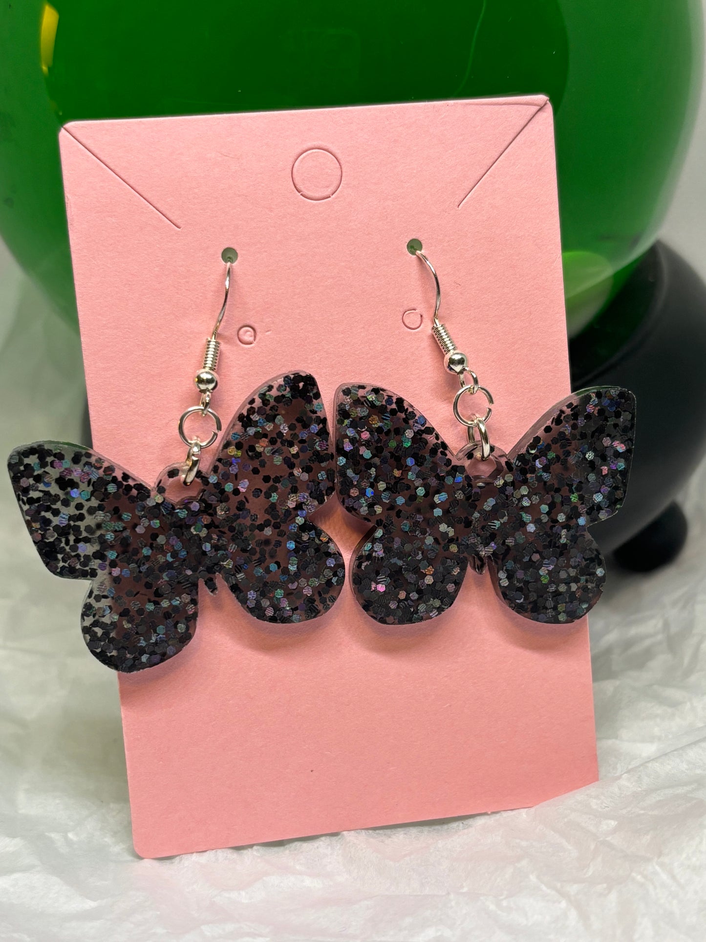 Butterfly Earrings (Black Glitter)