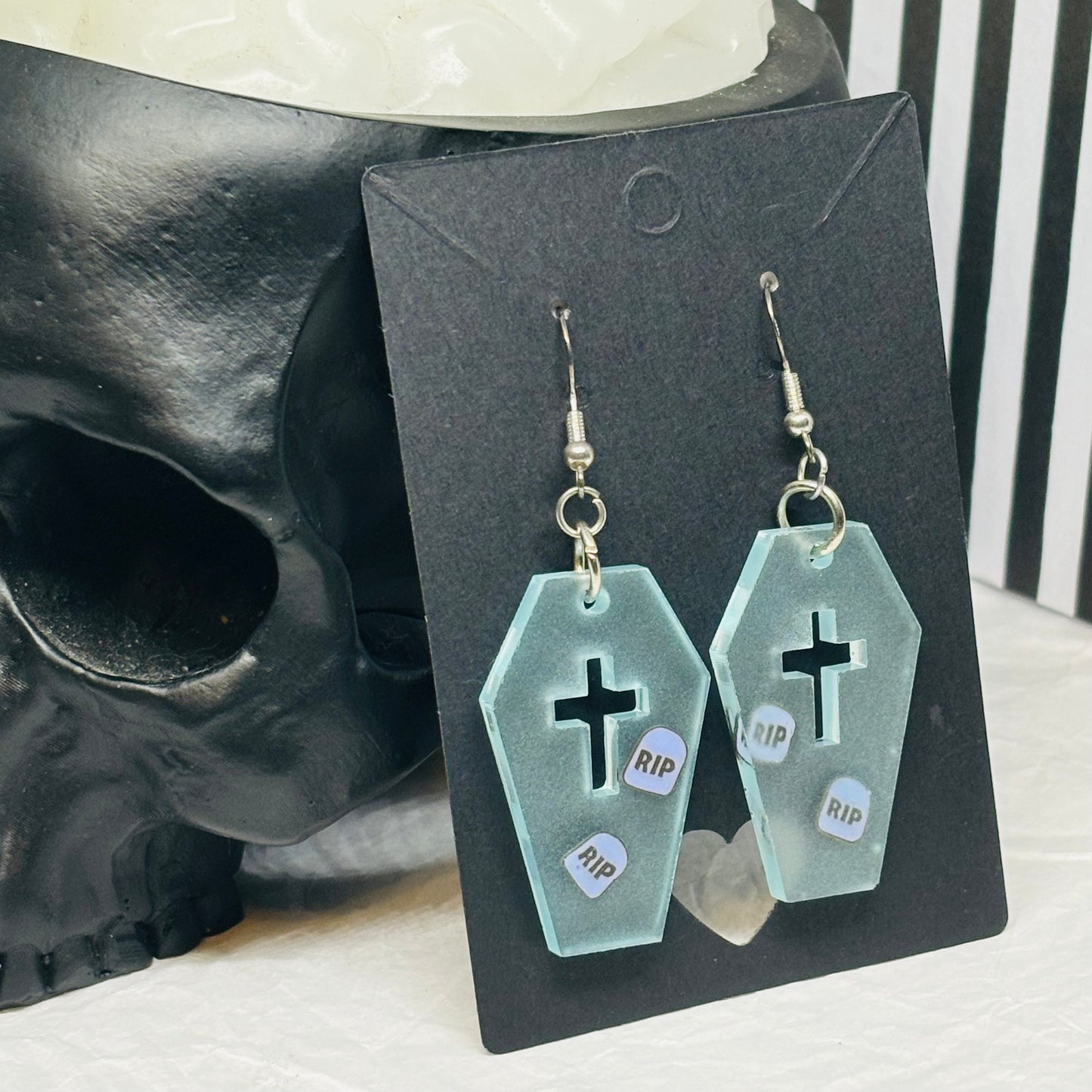 Coffin Earrings w/RIP bits - Glow in the Dark (Blue)