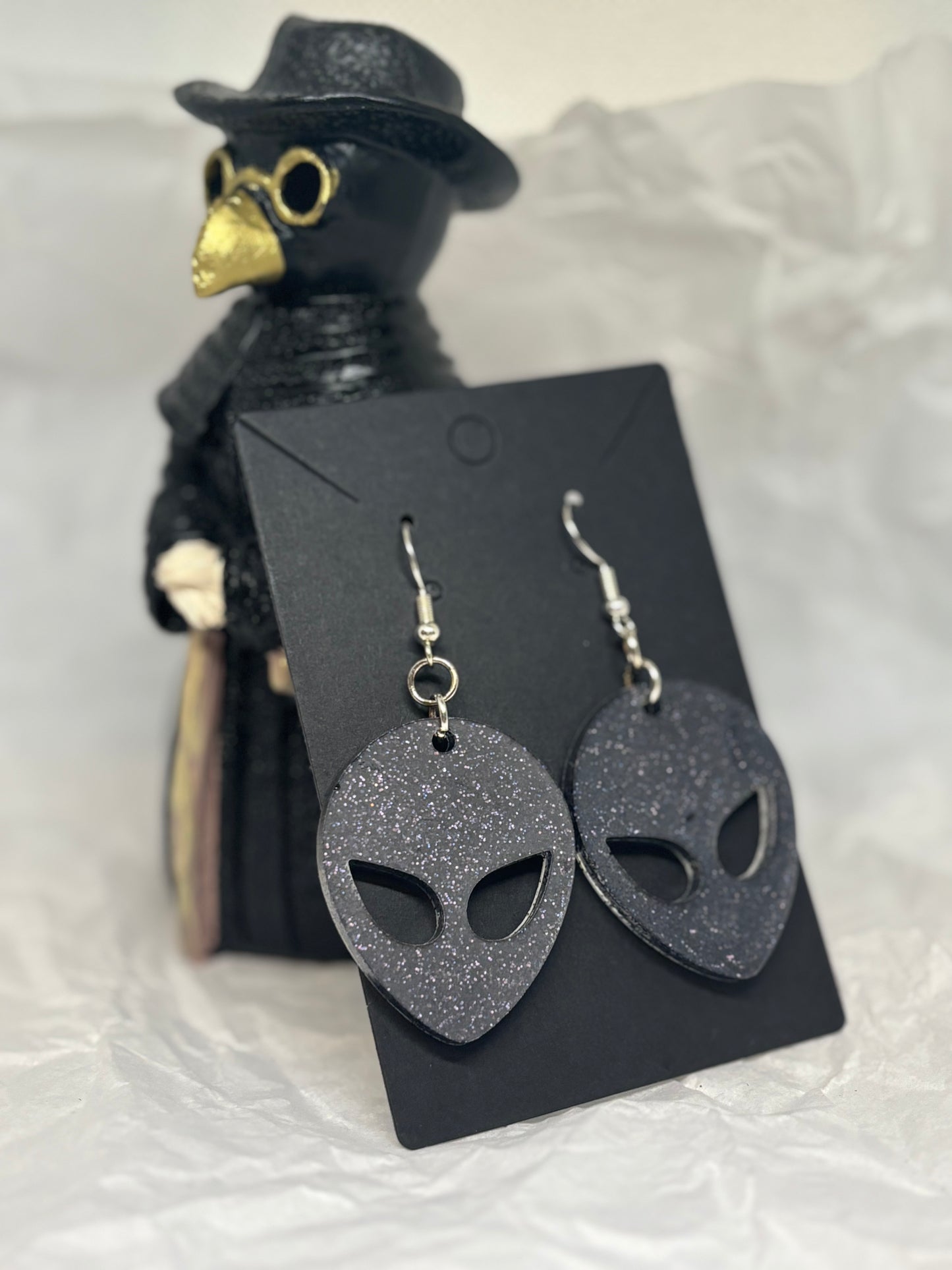 Alien Earrings (Black Glitter)