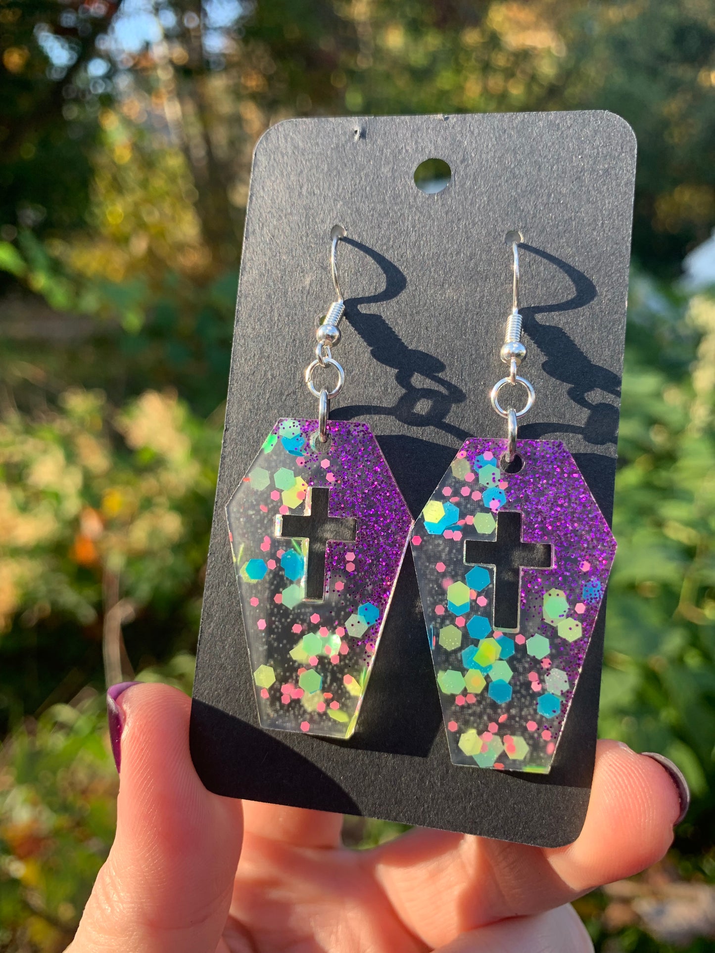 Coffin Earrings (Purple & Pastel Glitter)
