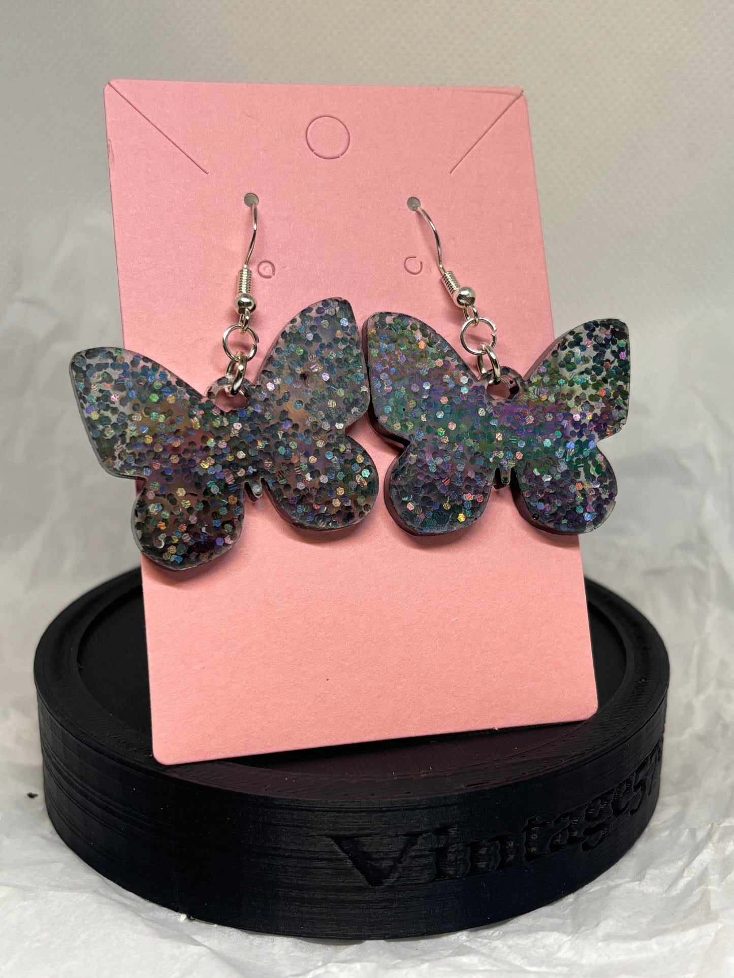 Butterfly Earrings (Black Glitter)