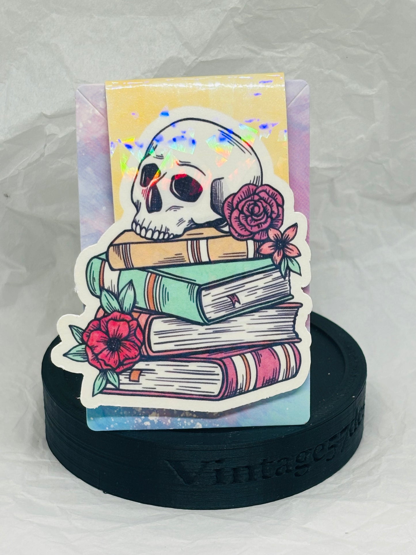 Flowery Skull with Books Magnetic Bookmark (Yellow)
