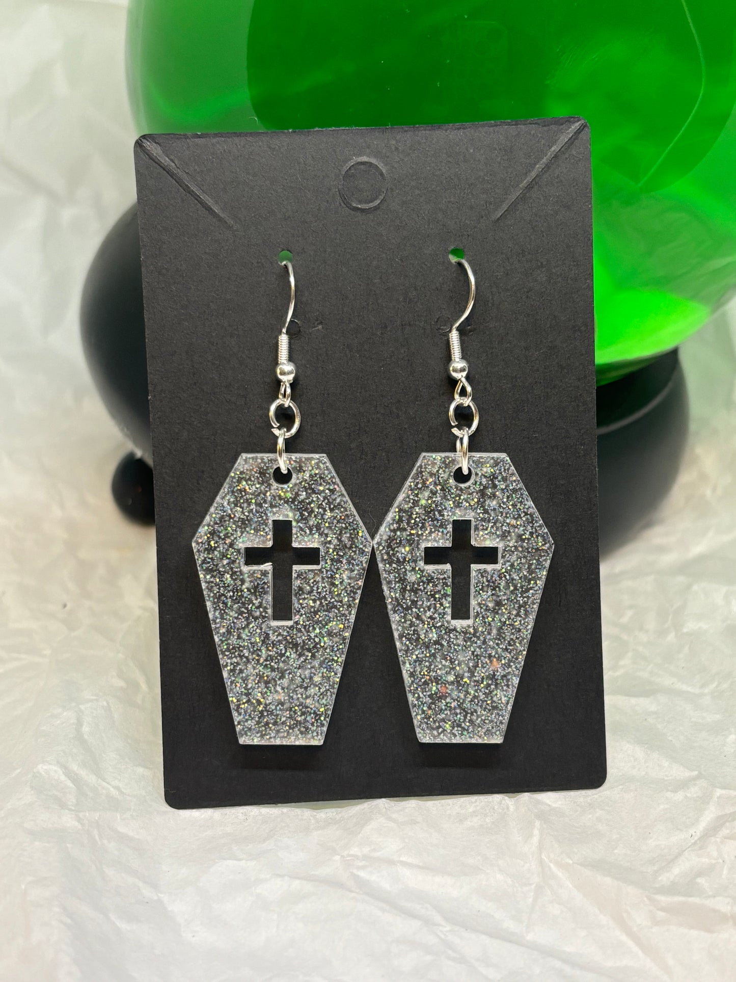 Coffin Earrings (White Glitter)