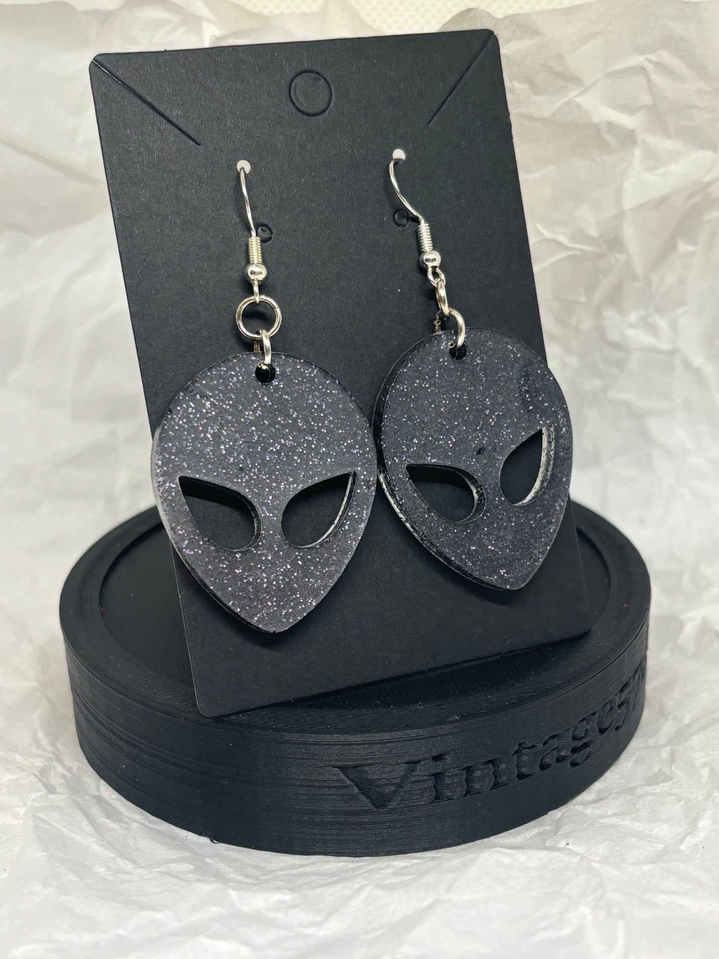 Alien Earrings (Black Glitter)