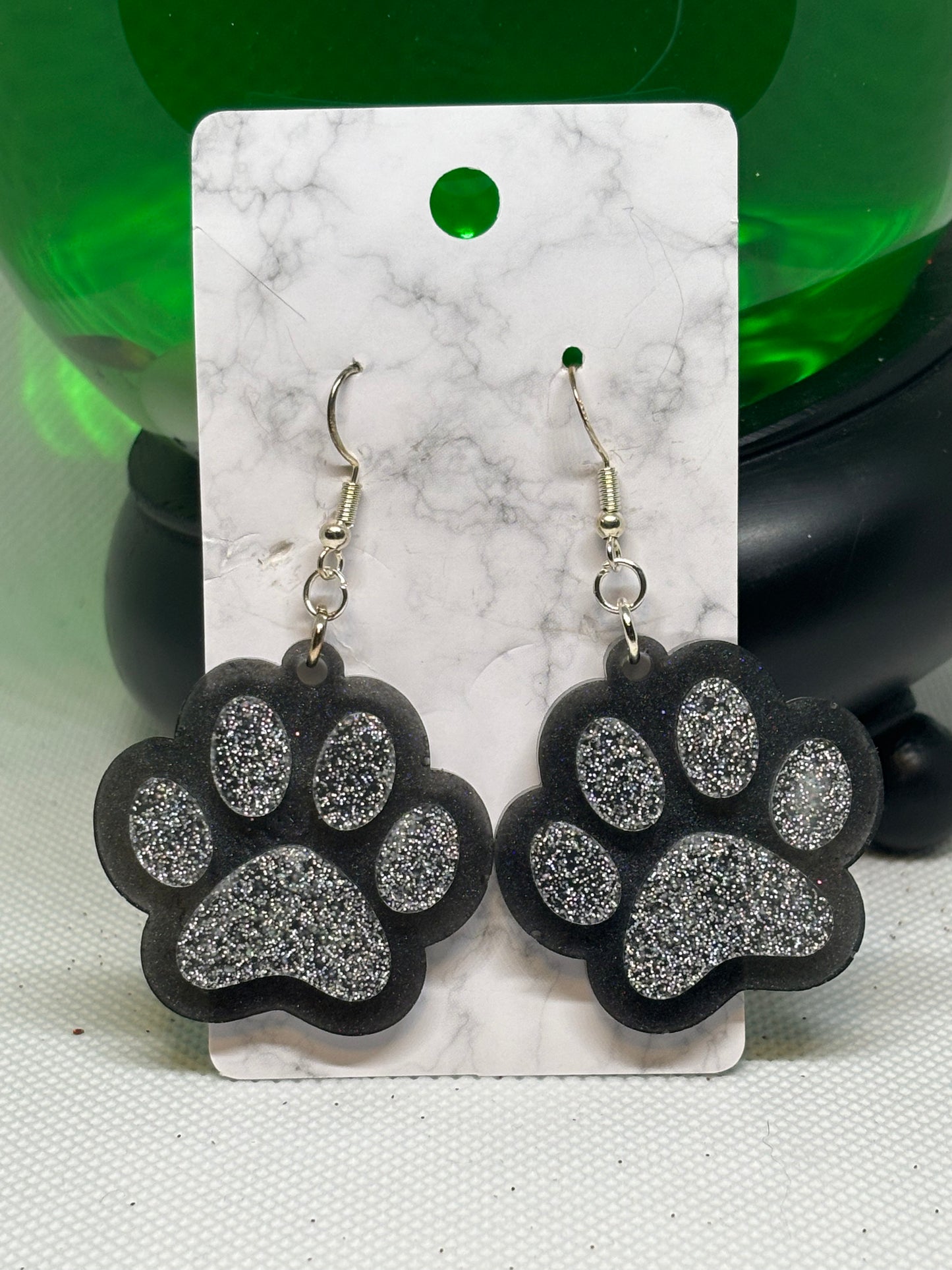 Paw Print Earrings (Black & Silver)
