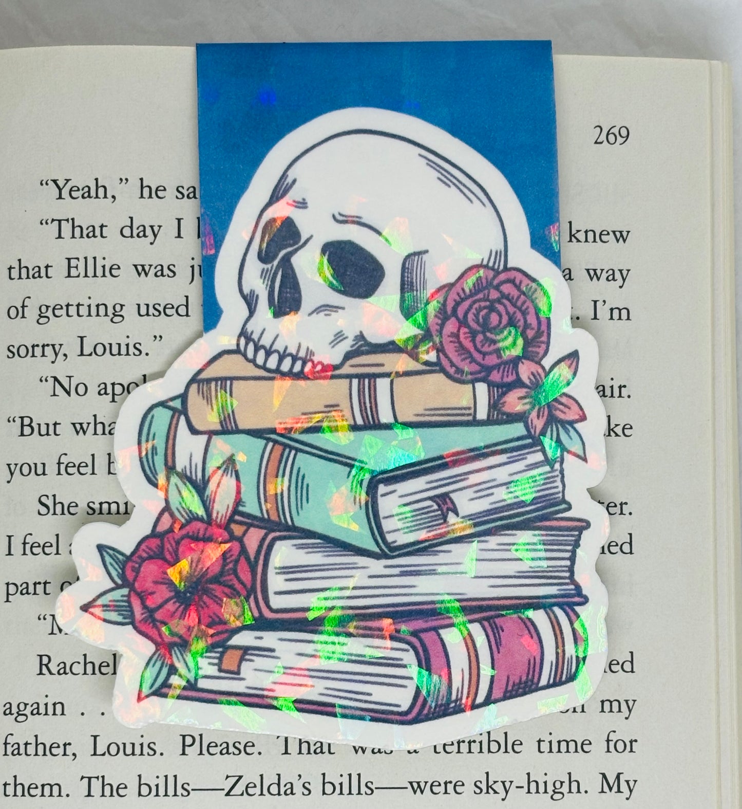 Flowery Skull with Books Magnetic Bookmark (Dark Blue)