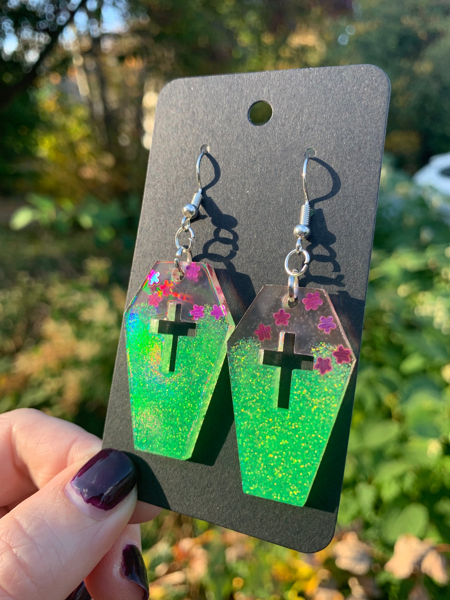 Coffin Earrings (Purple & Green)