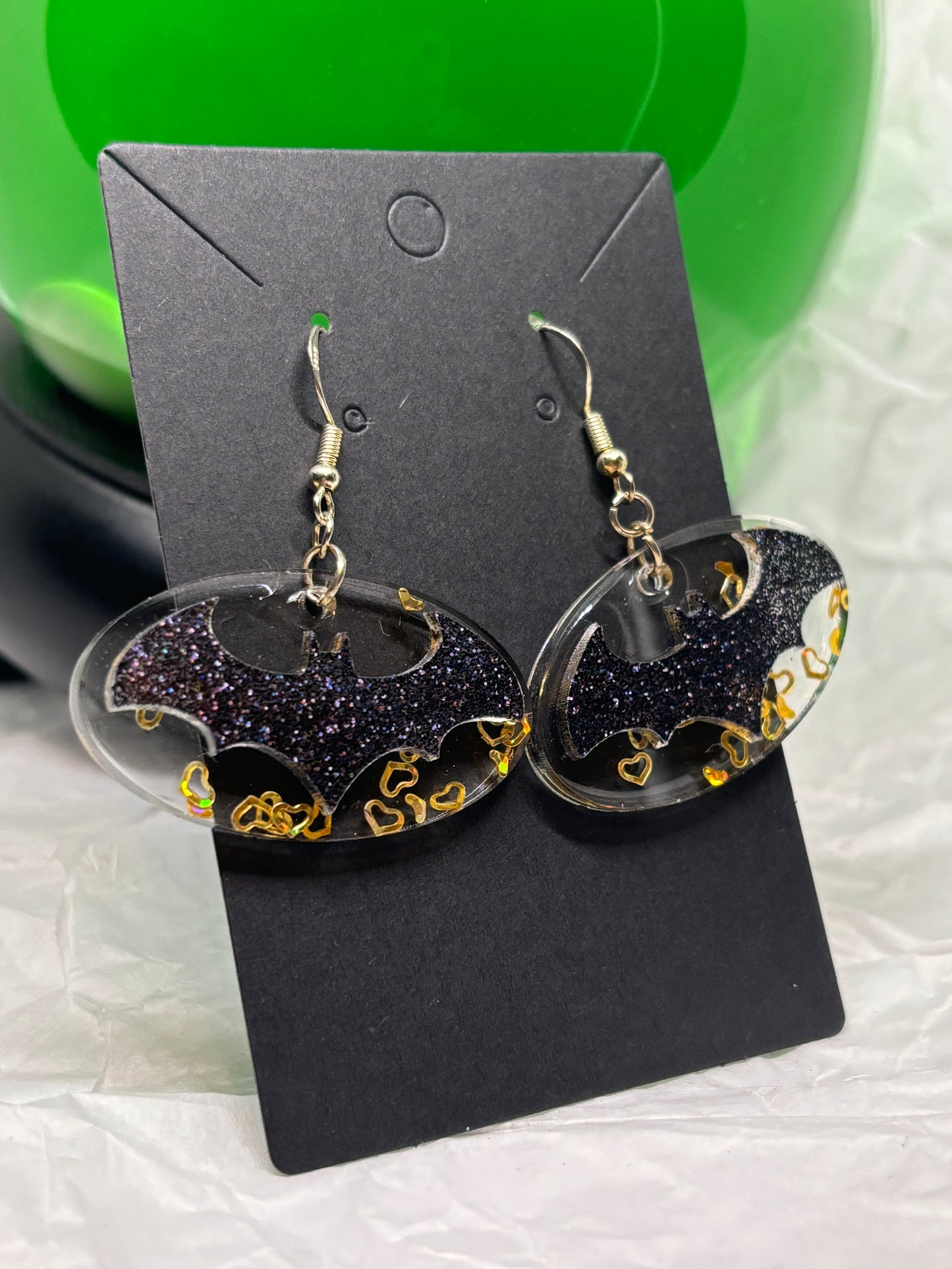 Bat Resin Earrings (Black on Gold Hearts)