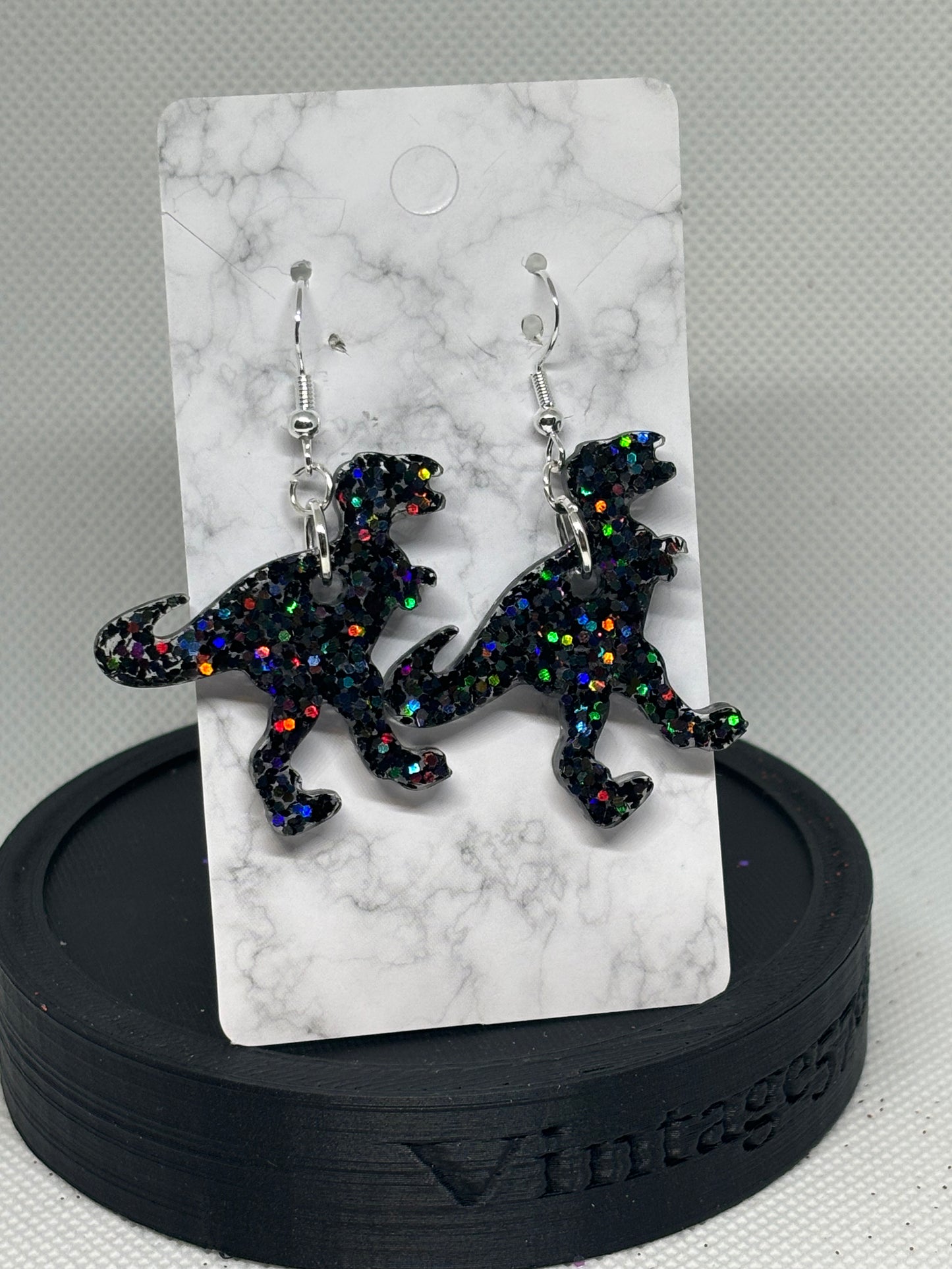 T-Rex Earrings (Black Glitter)