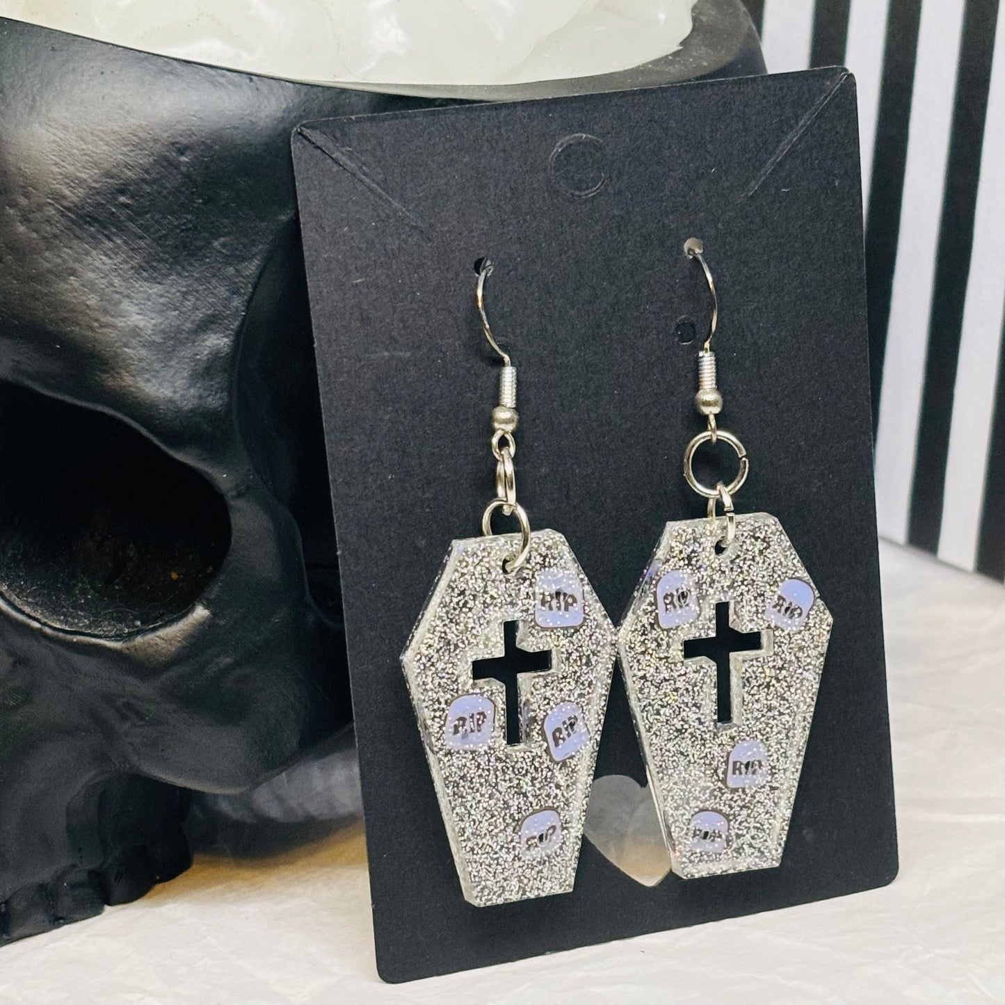 Coffin Earrings w/RIP Bits (Silver)
