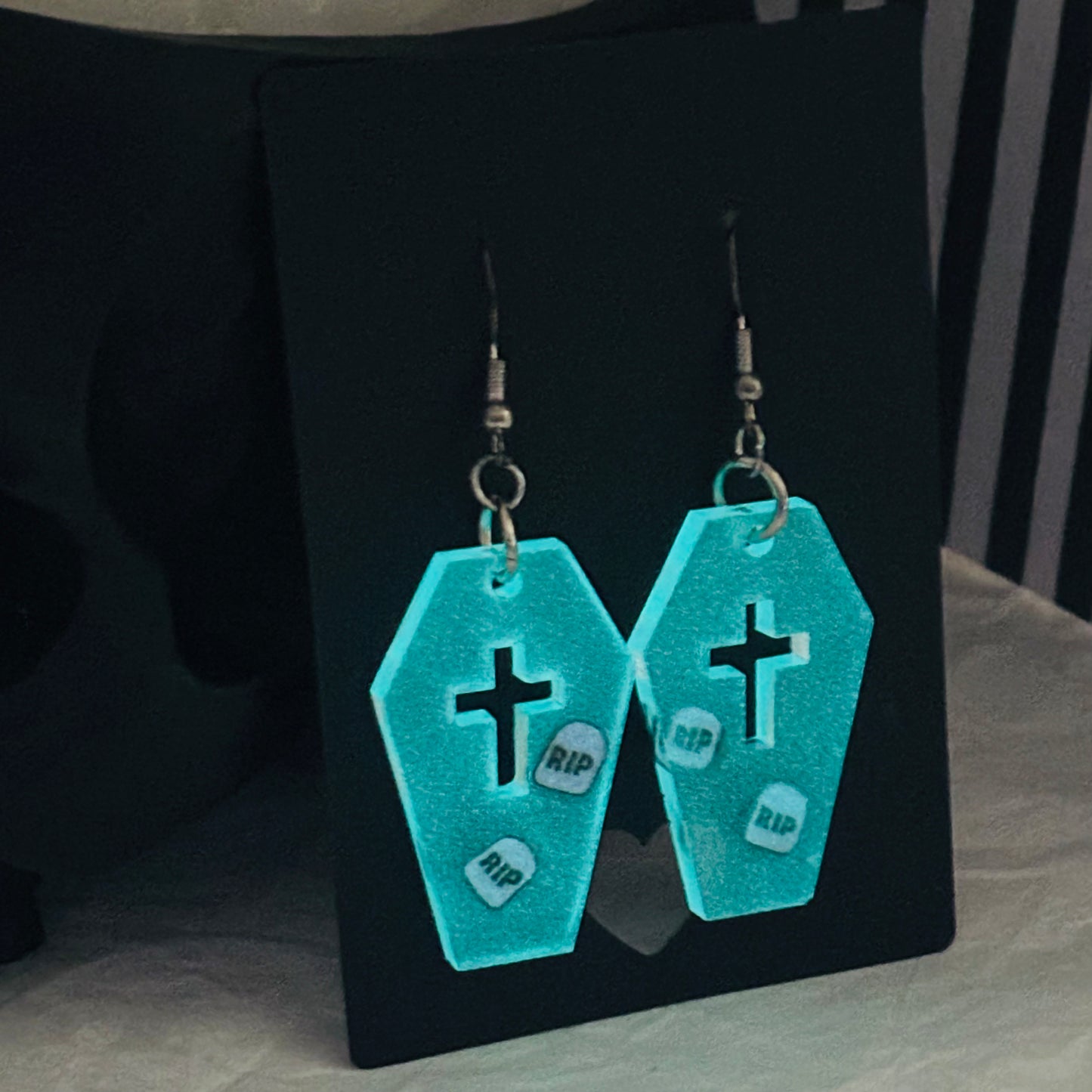 Coffin Earrings w/RIP bits - Glow in the Dark (Blue)