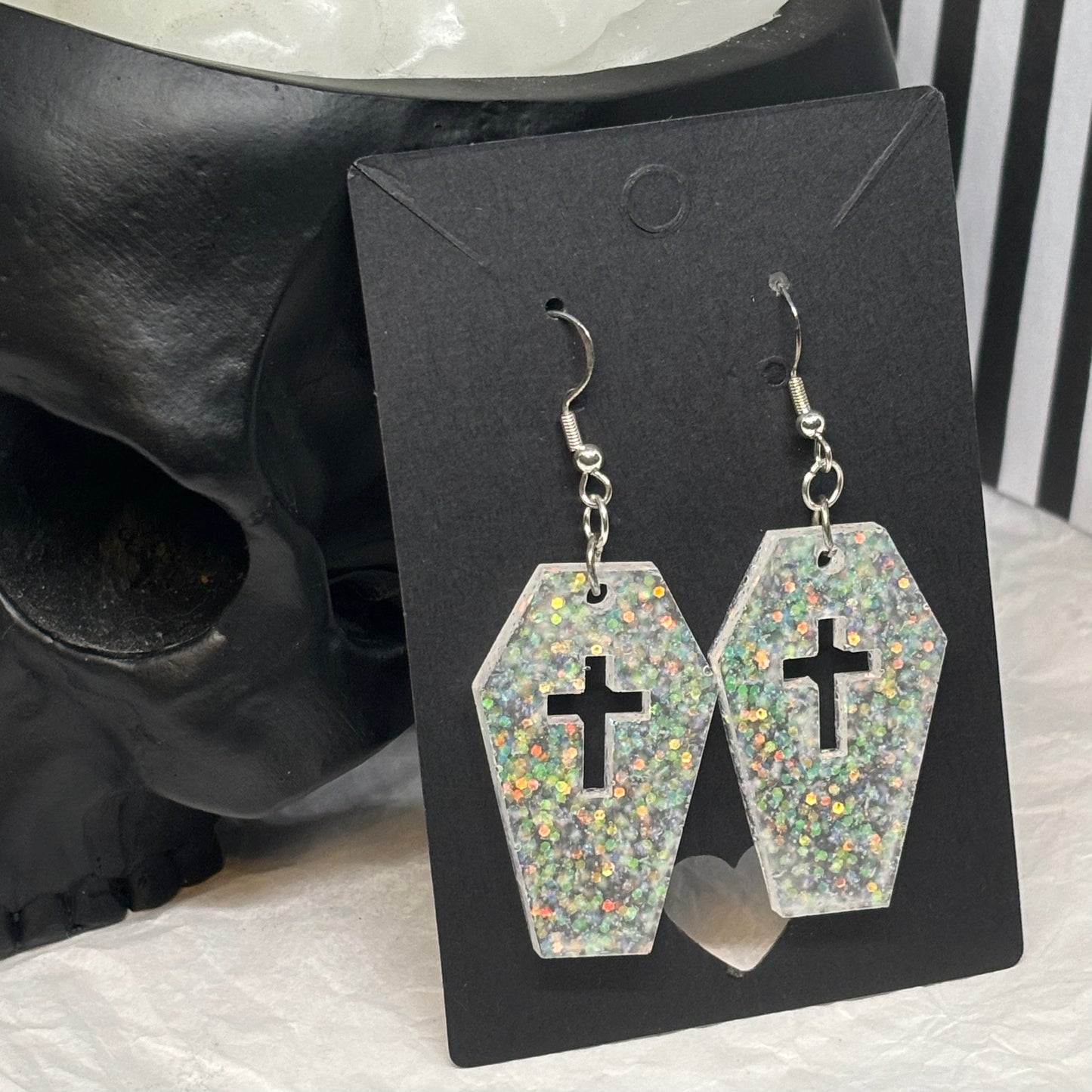 Coffin Earrings (Chunky White Glitter)