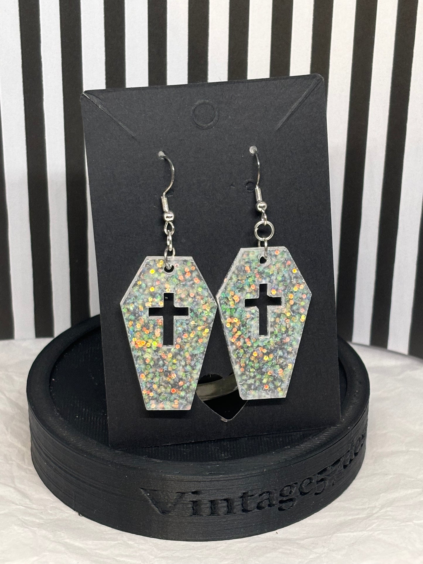 Coffin Earrings (Chunky White Glitter)