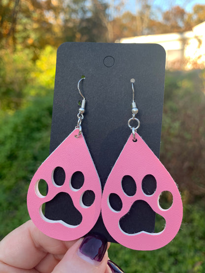 Knockout Pink Paw Print Earrings (Faux Leather)