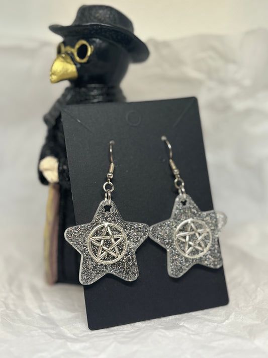 Star Earrings w/Pentacles (Silver)