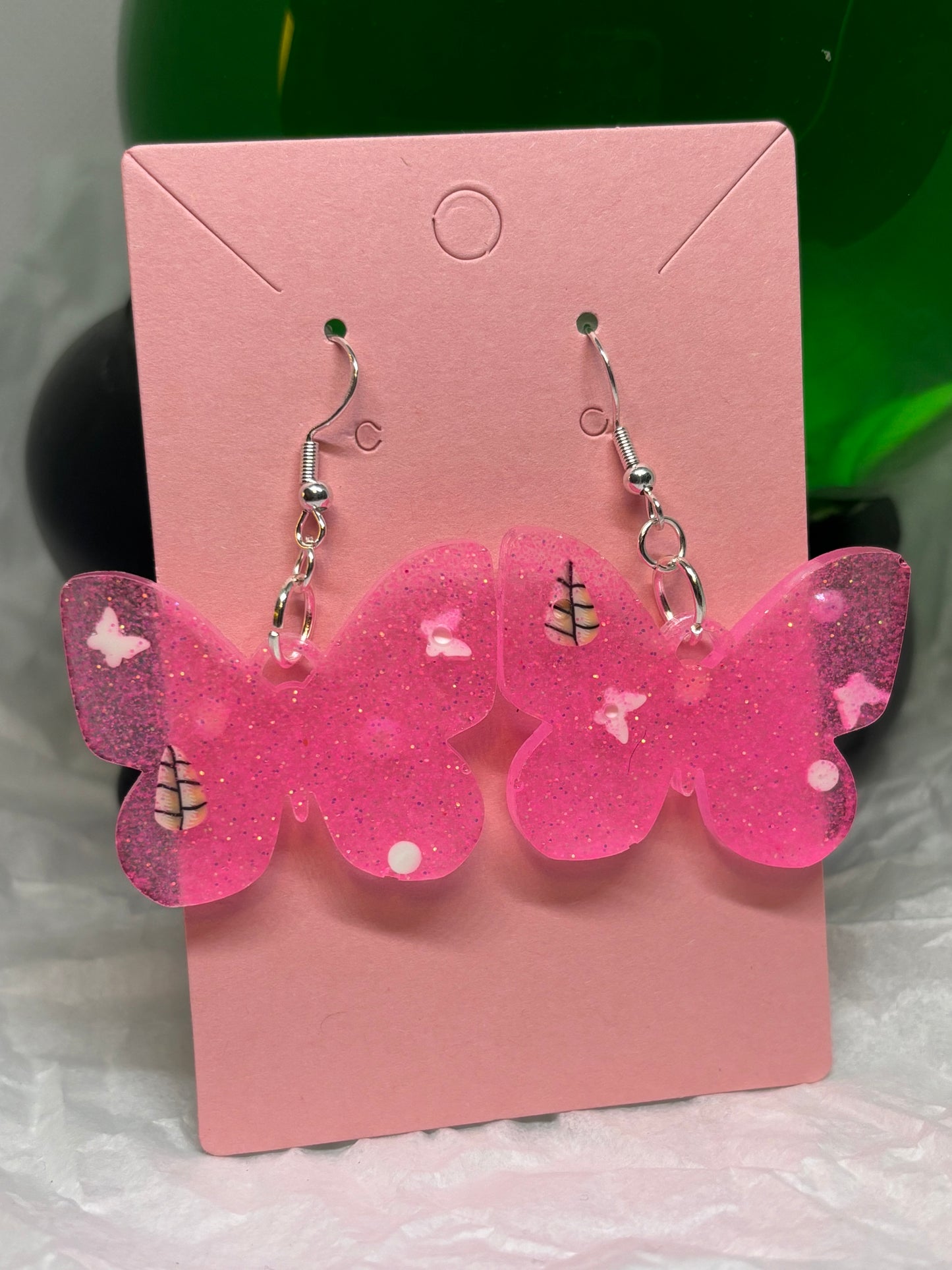 Butterfly Earrings (Pink Glitter w/Bits)