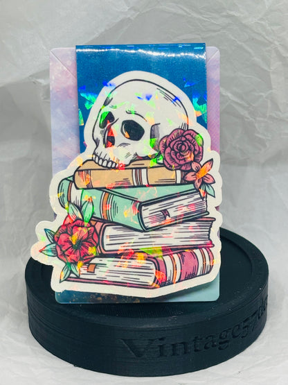 Flowery Skull with Books Magnetic Bookmark (Dark Blue)