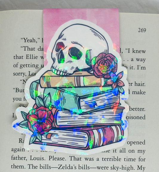 Flowery Skull with Books Magnetic Bookmark (Light Pink)