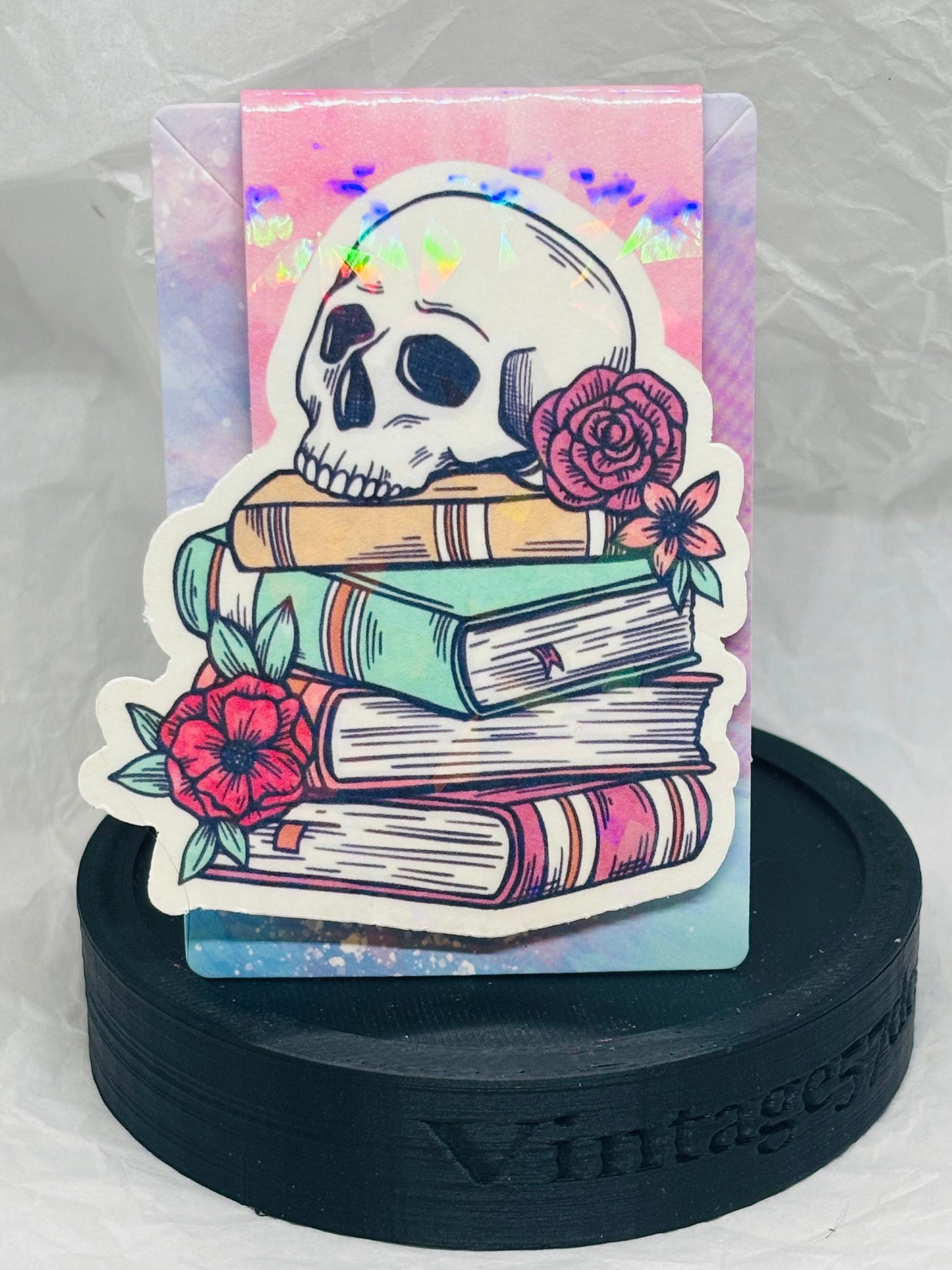 Flowery Skull with Books Magnetic Bookmark (Light Pink)