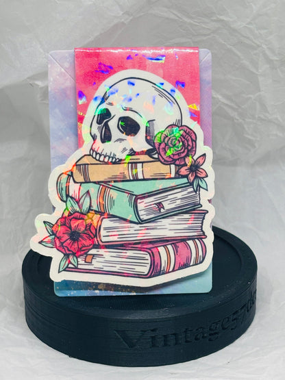 Flowery Skull with Books Magnetic Bookmark (Hot Pink)