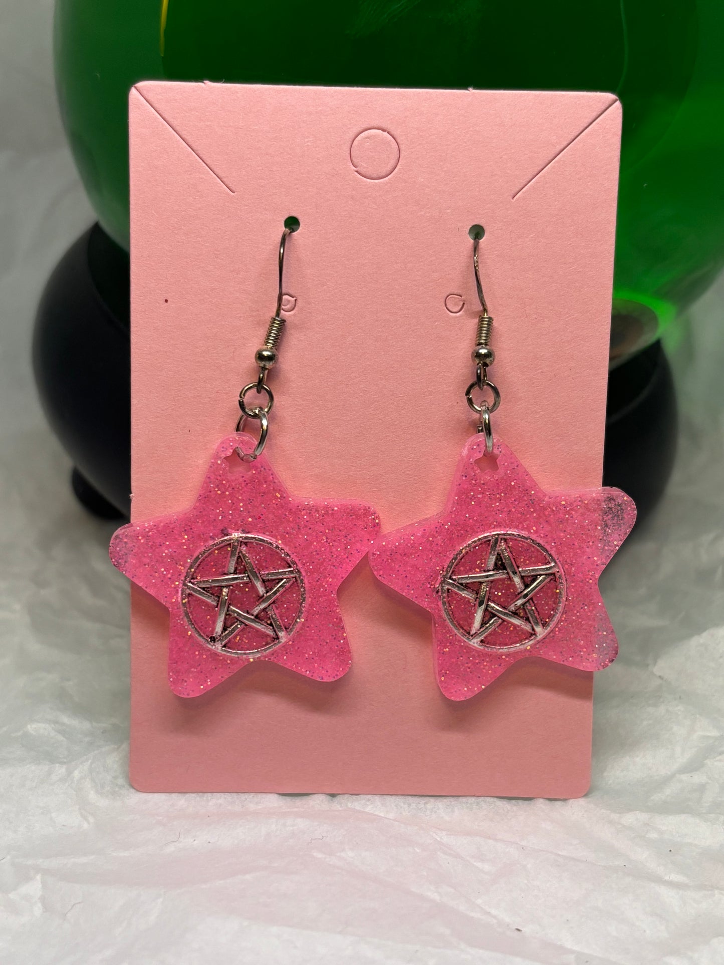 Star Earrings w/Pentacles (Pink)