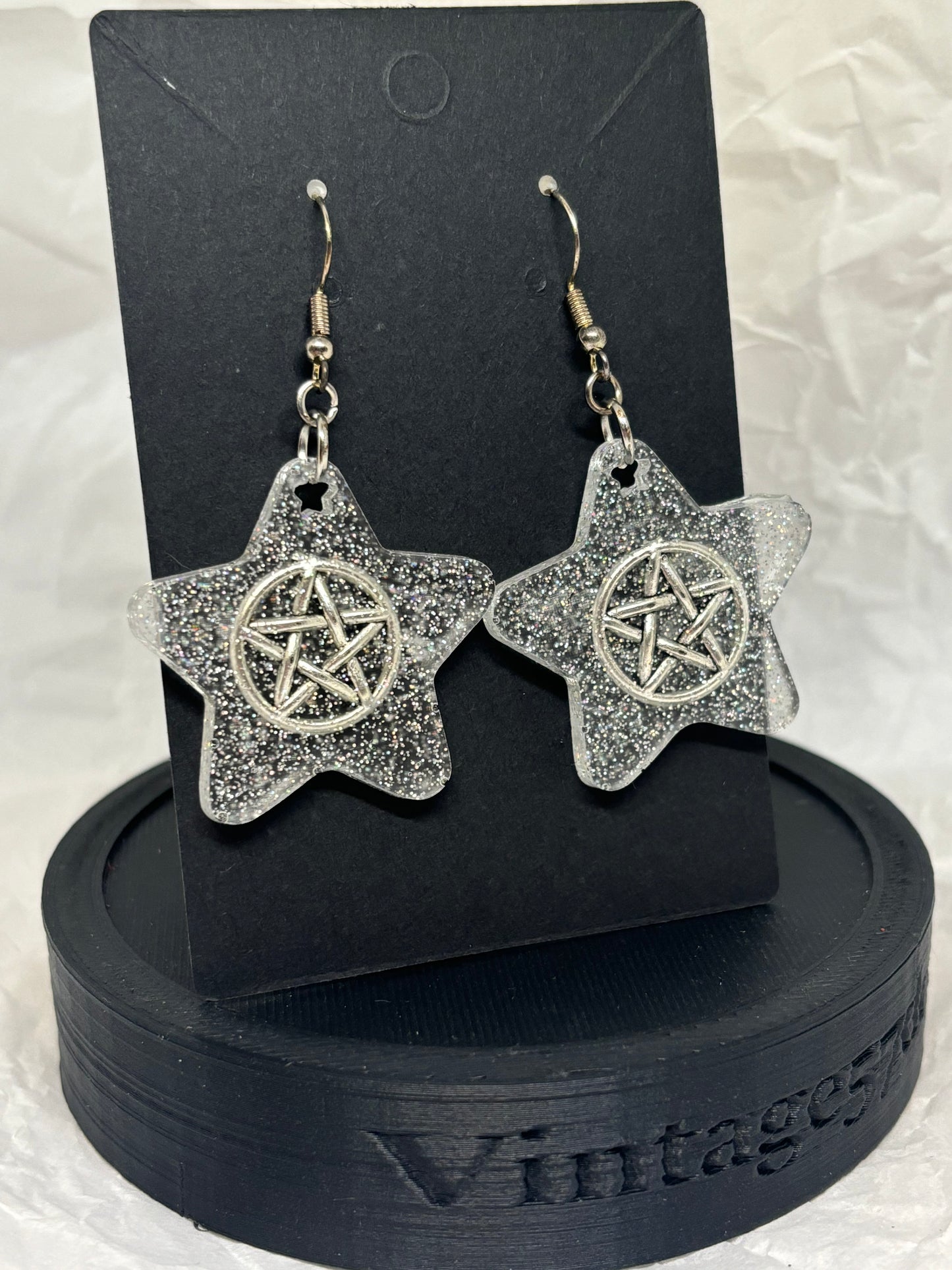 Star Earrings w/Pentacles (Silver)