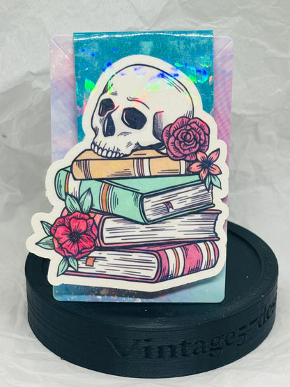 Flowery Skull with Books Magnetic Bookmark (Teal)