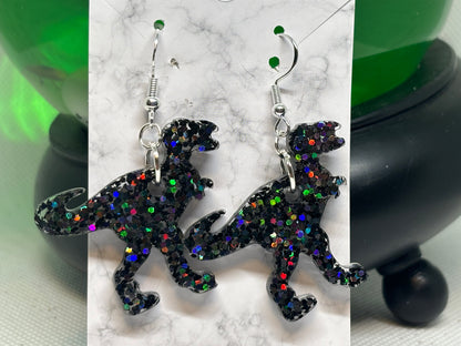 T-Rex Earrings (Black Glitter)
