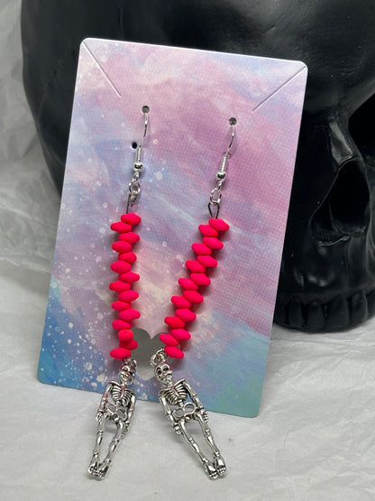 Skeleton Seed Bead Earrings (Hot Pink)