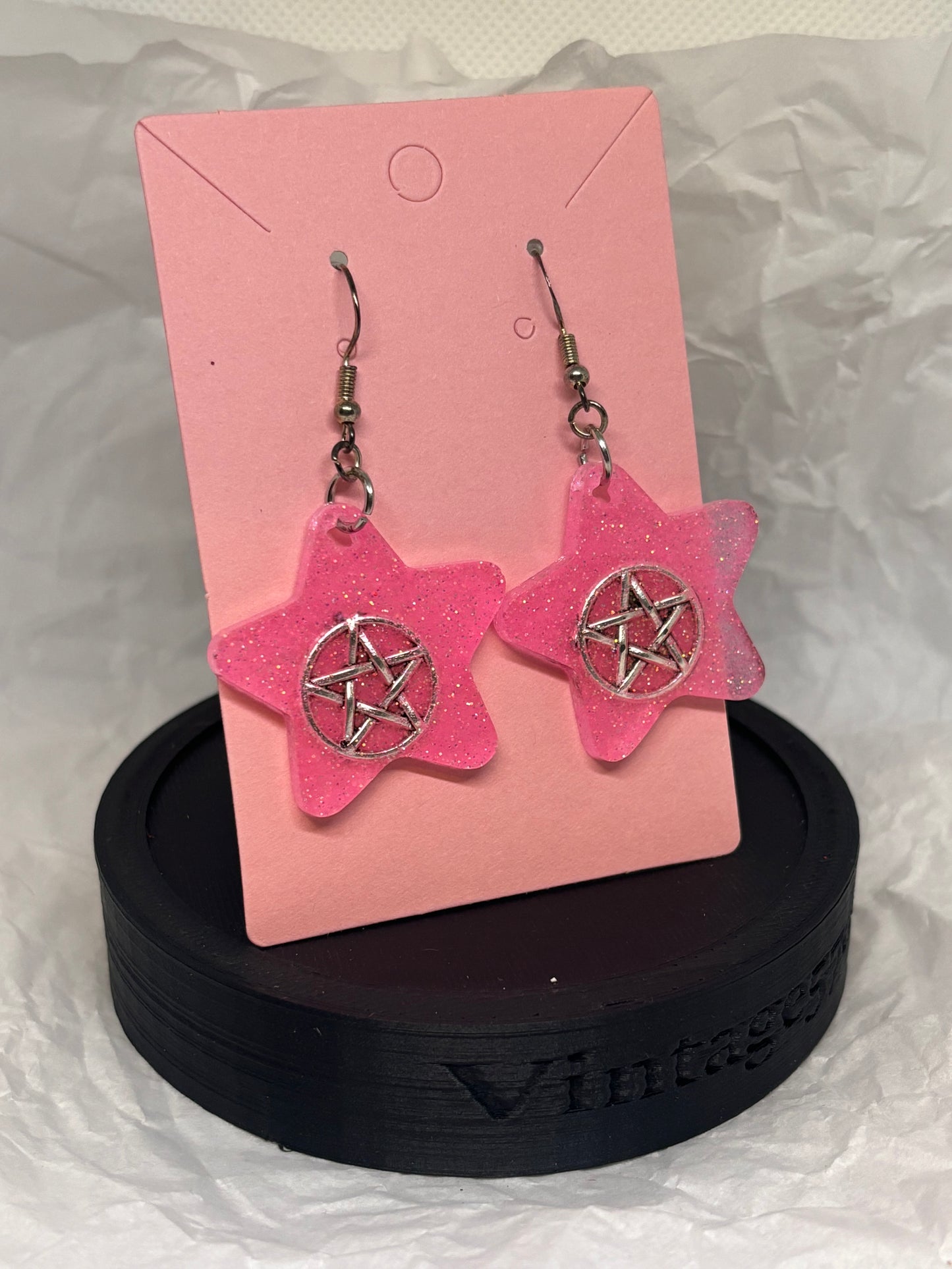 Star Earrings w/Pentacles (Pink)