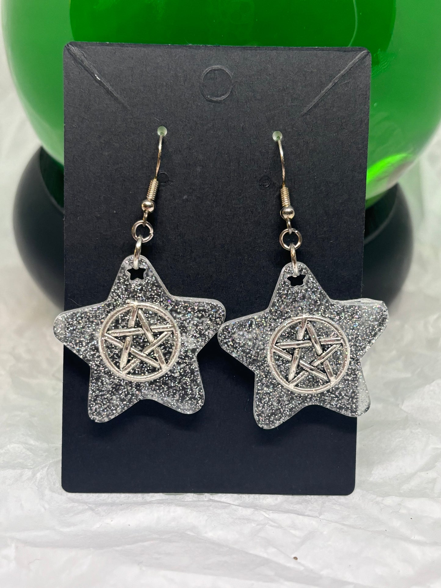 Star Earrings w/Pentacles (Silver)