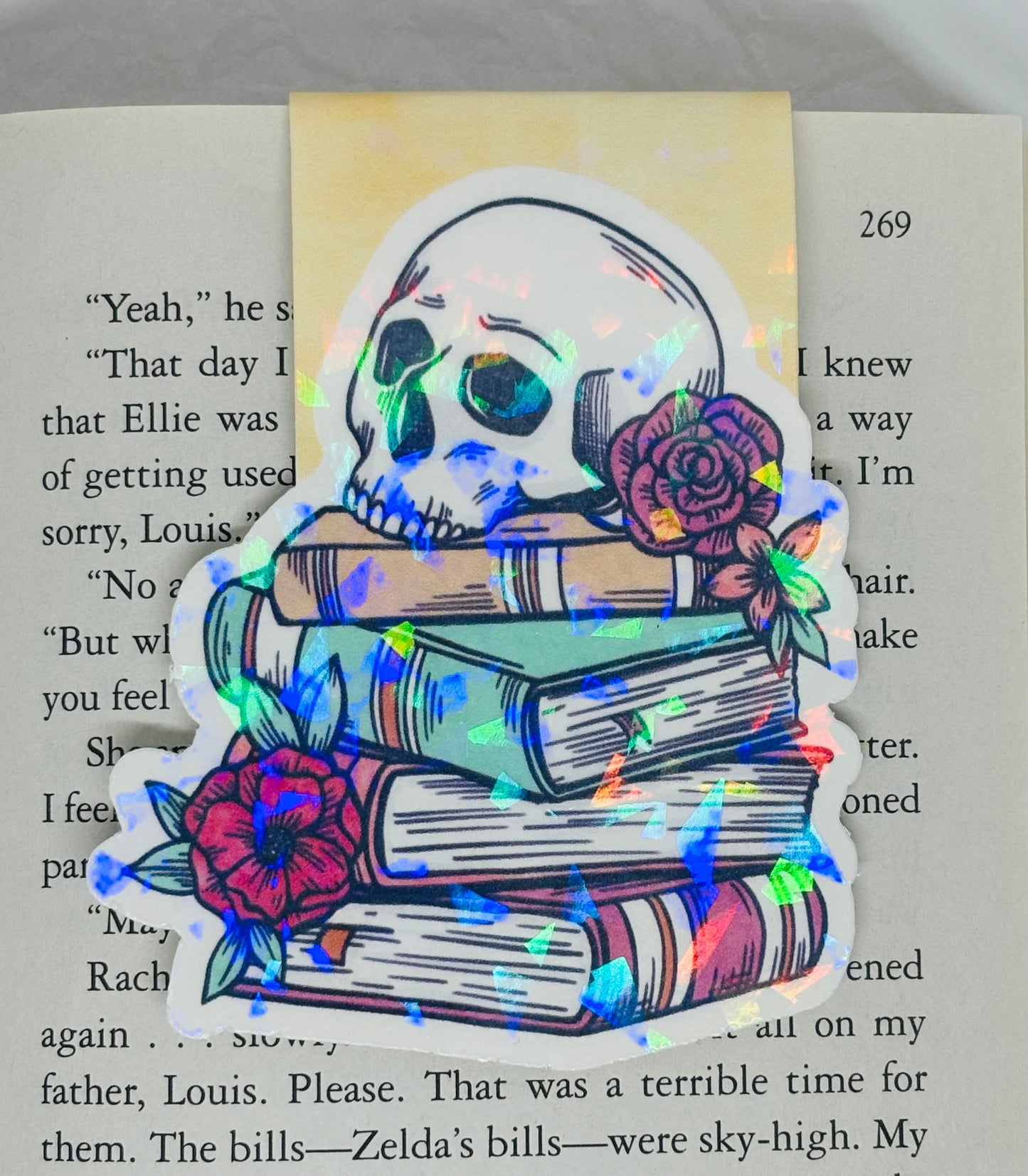 Flowery Skull with Books Magnetic Bookmark (Yellow)