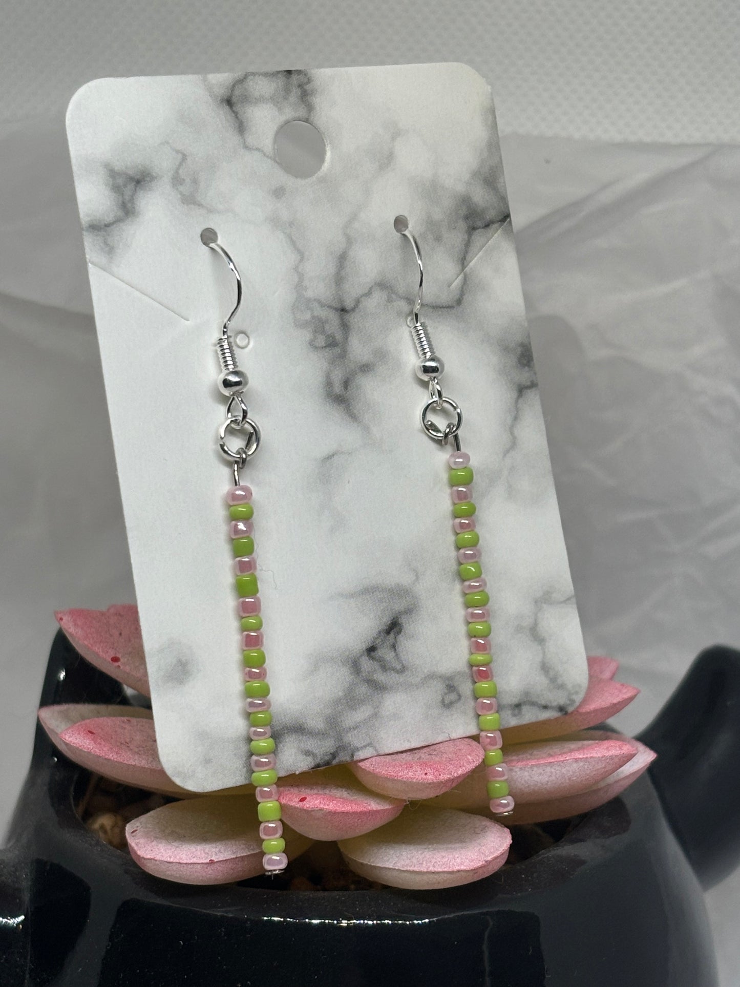 Seed Bead Earrings (Pink & Green)