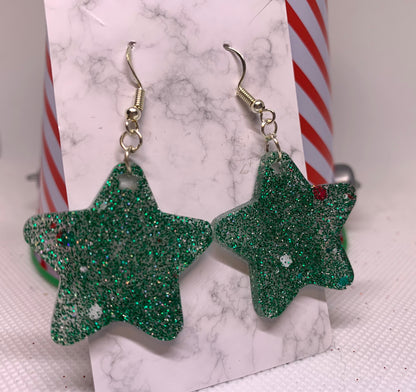 Green, Red & White Star Earrings