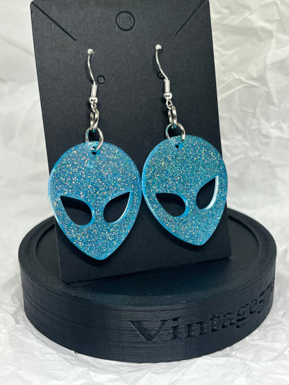 Alien Earrings (Blue Glitter)