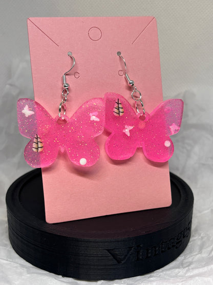 Butterfly Earrings (Pink Glitter w/Bits)