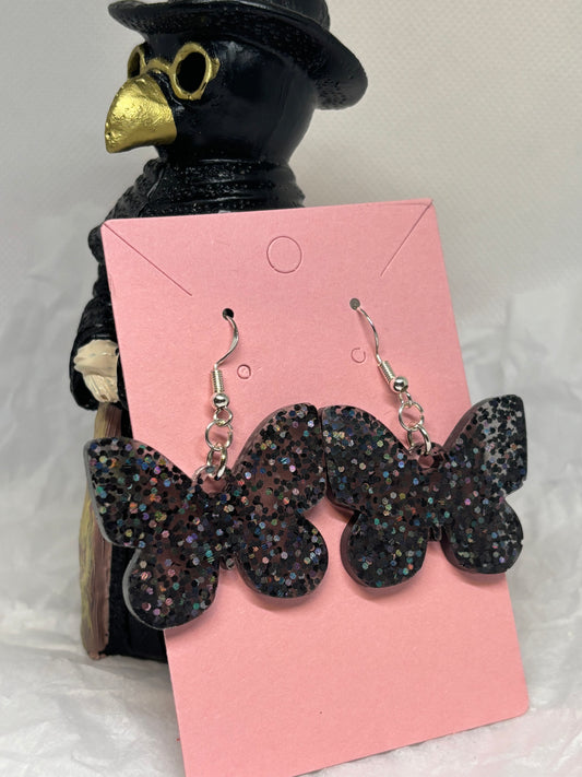Butterfly Earrings (Black Glitter)