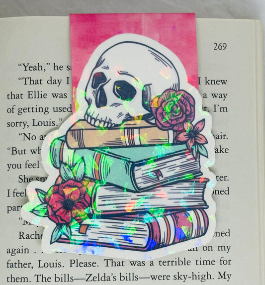 Flowery Skull with Books Magnetic Bookmark (Hot Pink)