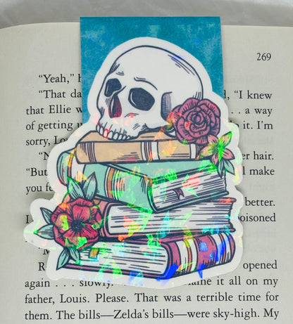 Flowery Skull with Books Magnetic Bookmark (Teal)