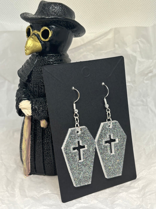 Coffin Earrings (White Glitter)