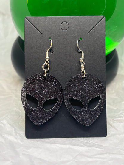 Alien Earrings (Black Glitter)