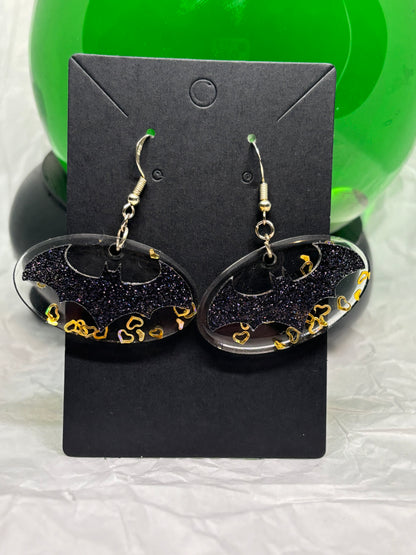 Bat Resin Earrings (Black on Gold Hearts)